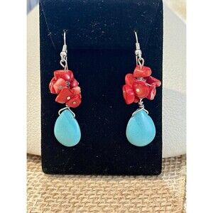 Handmade Real Coral & Turquoise Silver Tone Dangle Earrings Boho Southwestern